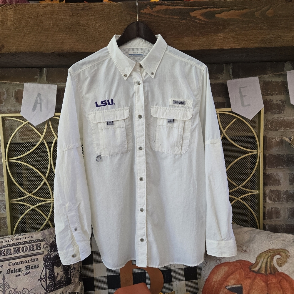 Columbia White Button-Down Long Sleeve Shirt - LSU Embroidered